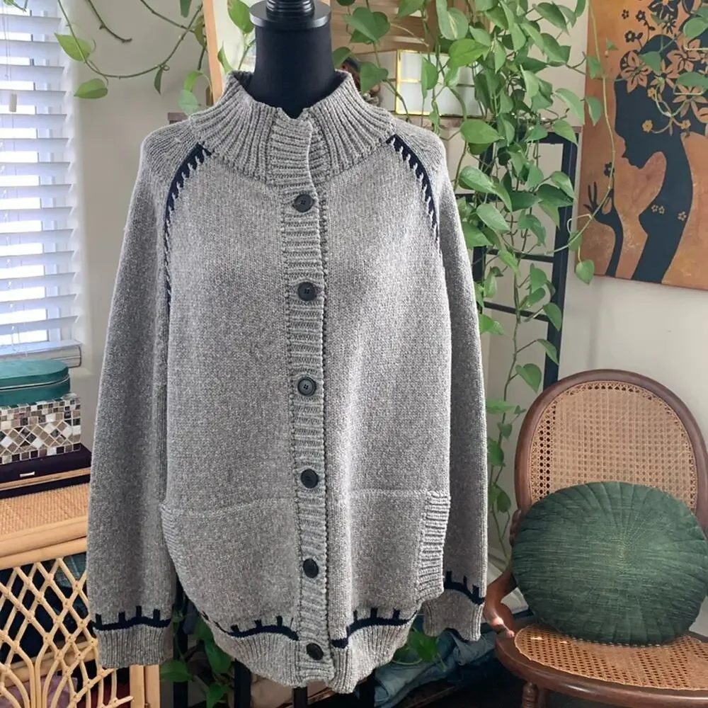 M.i.H Jeans London Gray & Navy Wool Knit Button Up Forest Tree Cardigan Sweater
